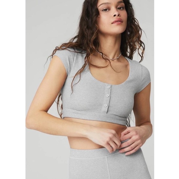 ALO Yoga Other - Alo Yoga Blissful Henley Bra Top Athletic Heather Grey Ribbed XS Cap Sleeve